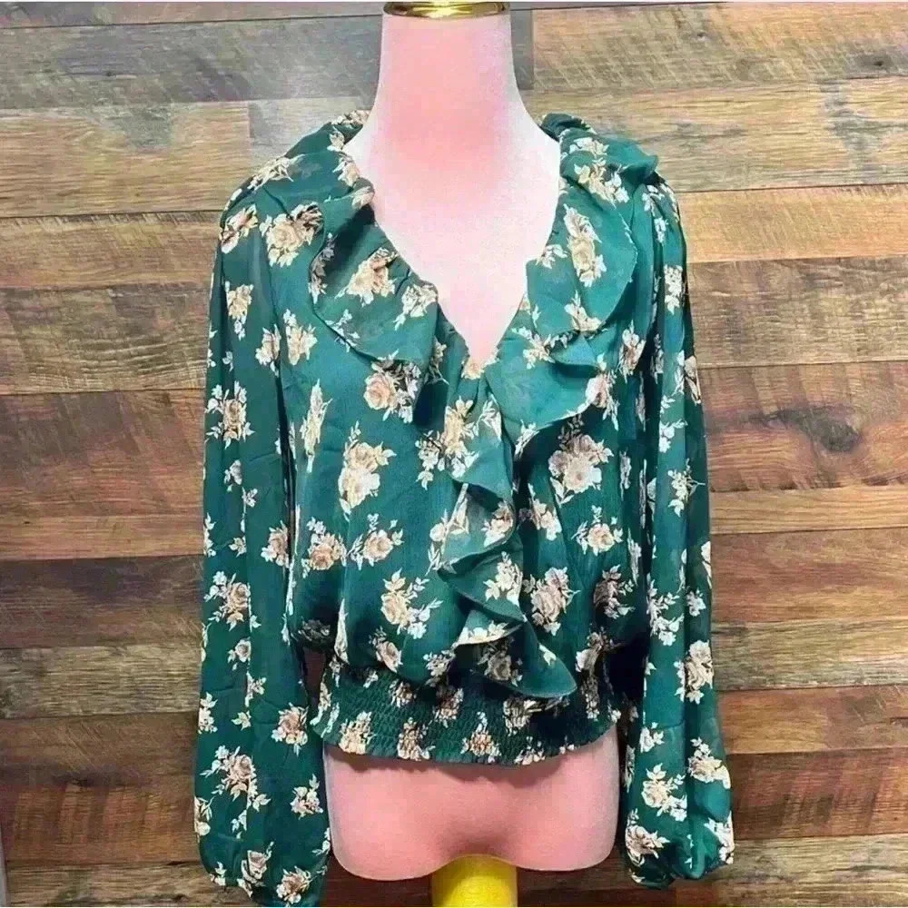 Lush Dark Green Floral Raya Peplum Smocked Waist Blouse Stitch Fix Milkmaid - Picture 5 of 14